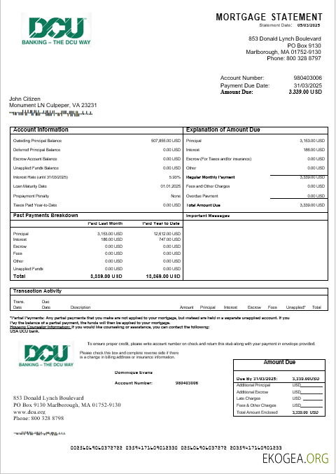 Relevé hypothécaire de la banque USA DCU aux formats Word et PDF